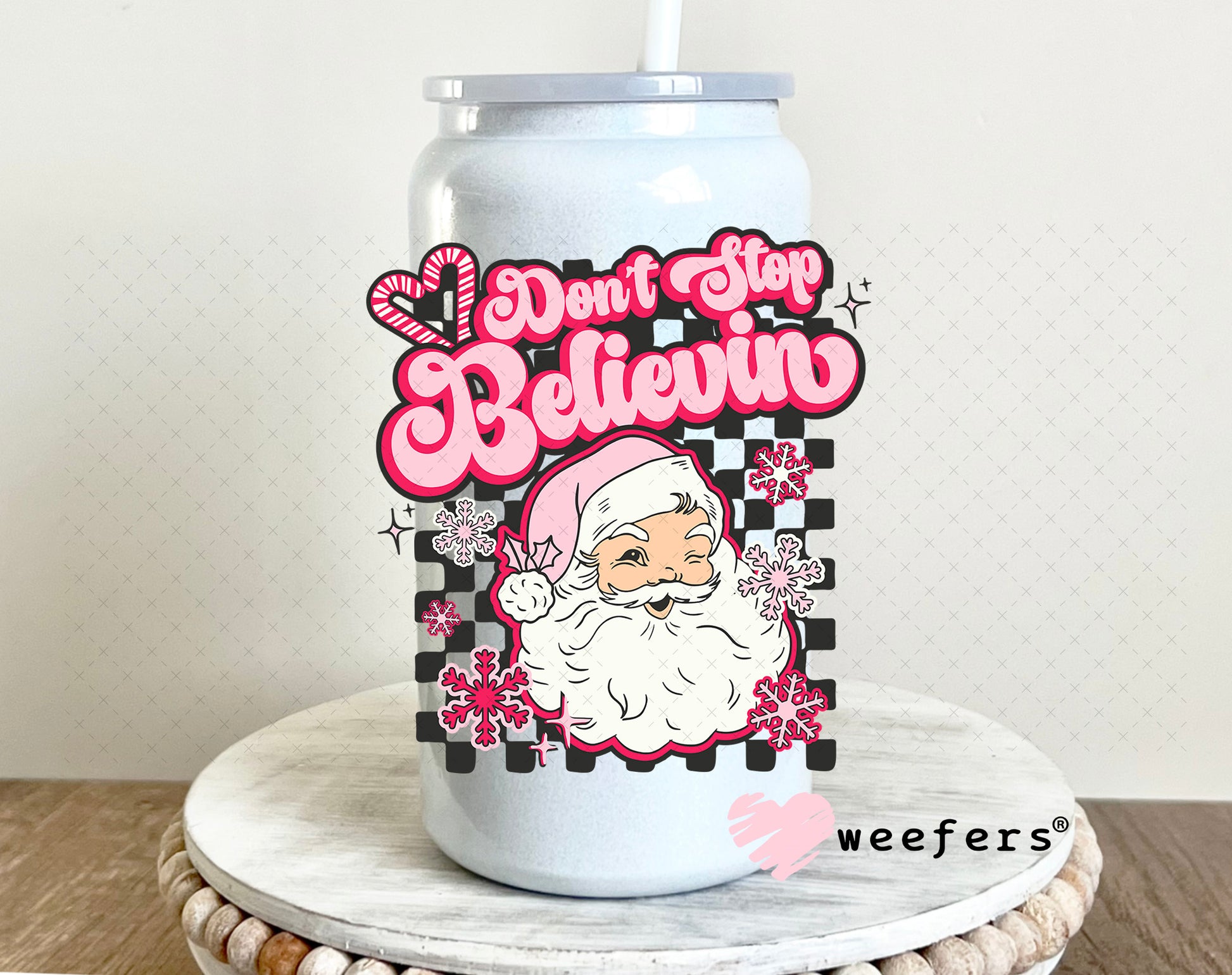 Don't Stop Believin Pink Santa UV DTF Decal 16oz Glass Can Generic Weefers