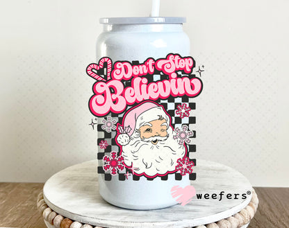 Don't Stop Believin Pink Santa UV DTF Decal 16oz Glass Can Generic Weefers