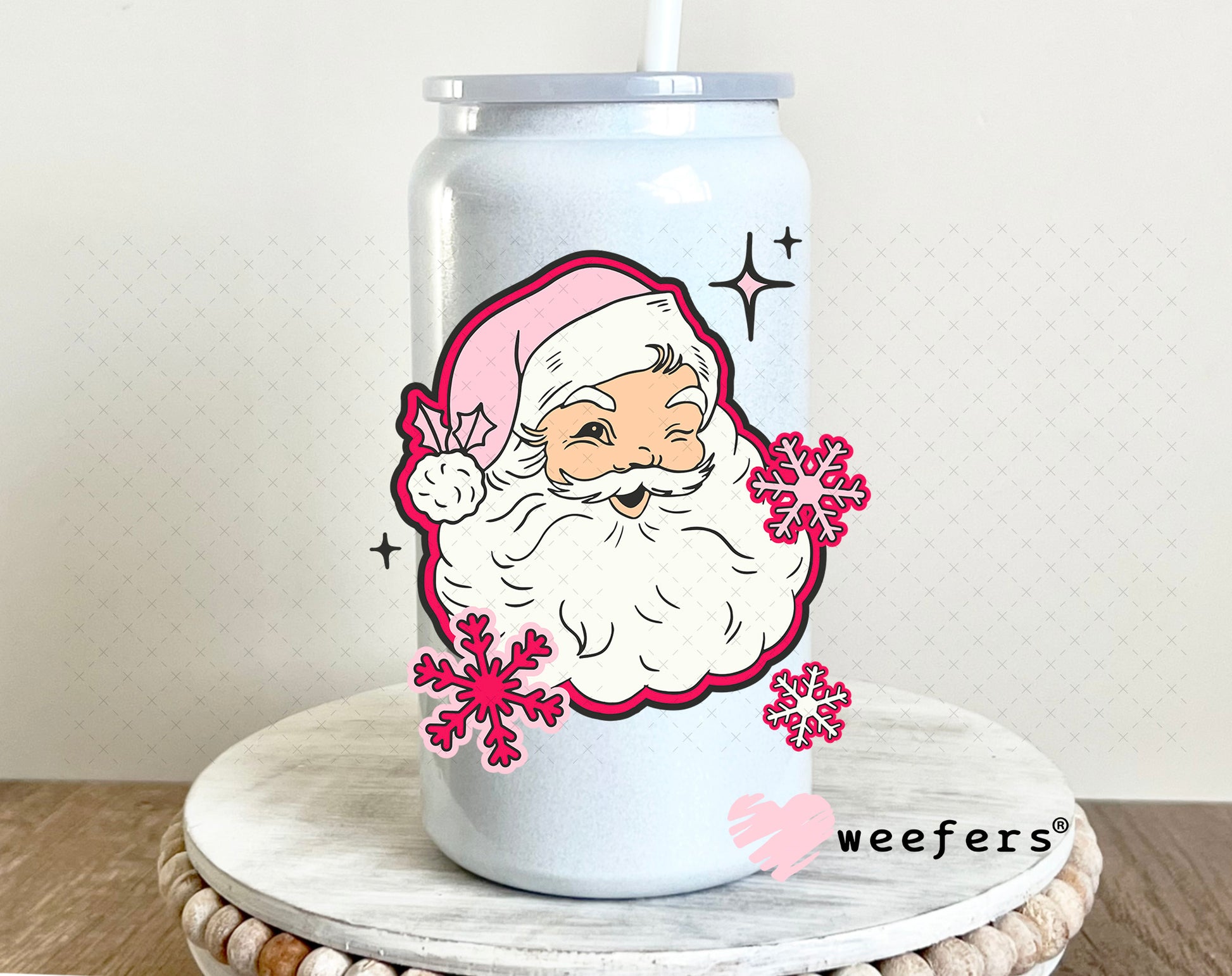 Pink Santa UV DTF Decal 16oz Glass Can Generic Weefers