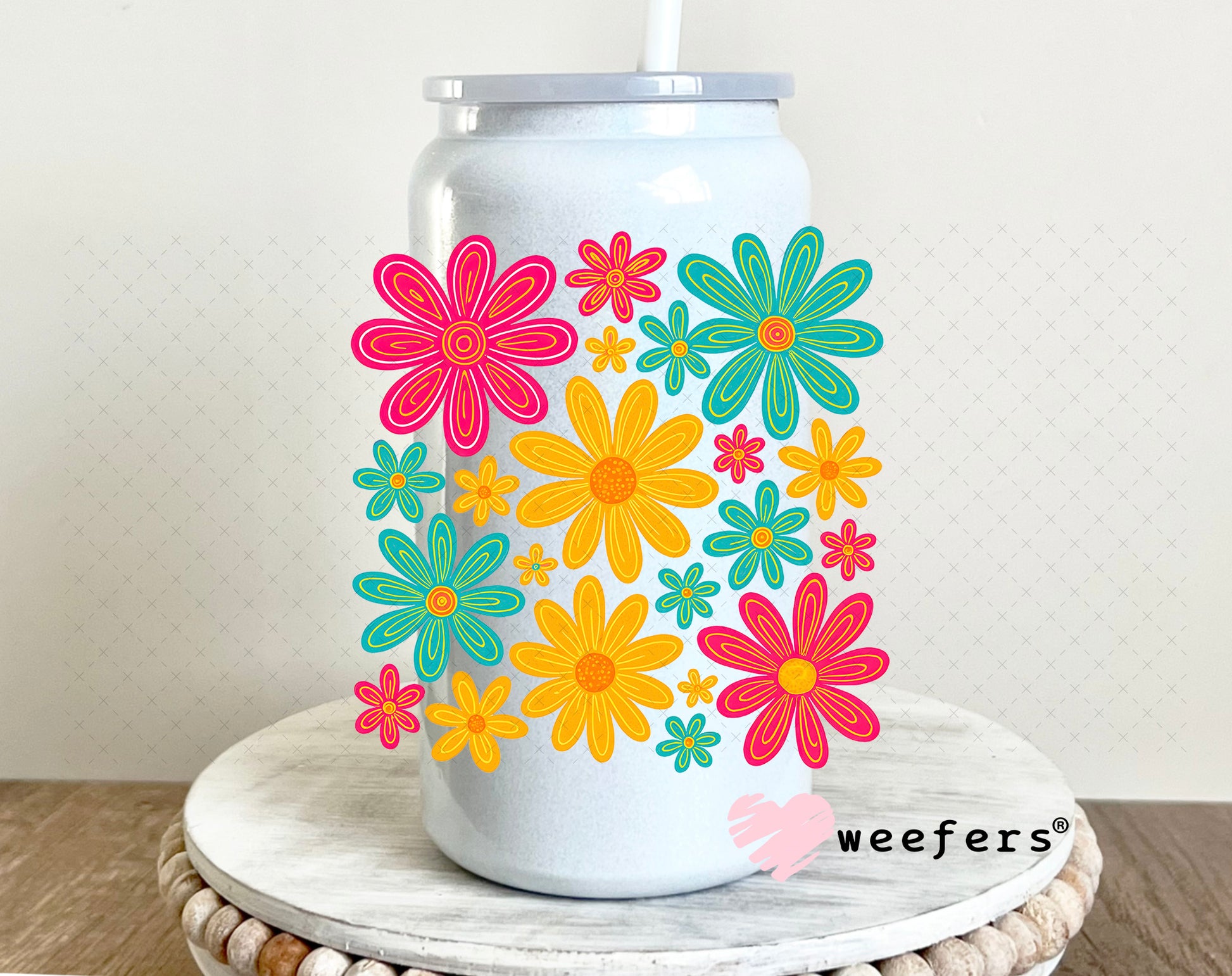 Colorful Daisy Flowers UV DTF Decal 16oz Glass Can Generic Weefers