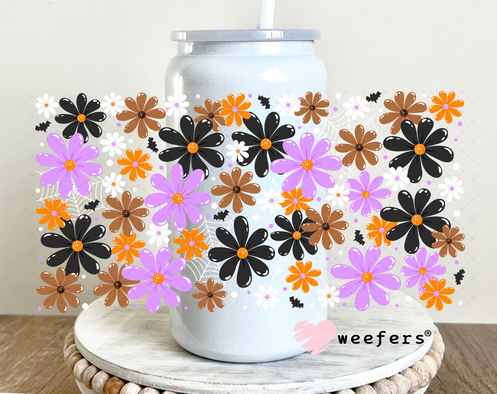 Halloween Daisy Flowers UV DTF Cup Wrap 16oz Glass Can Generic Weefers
