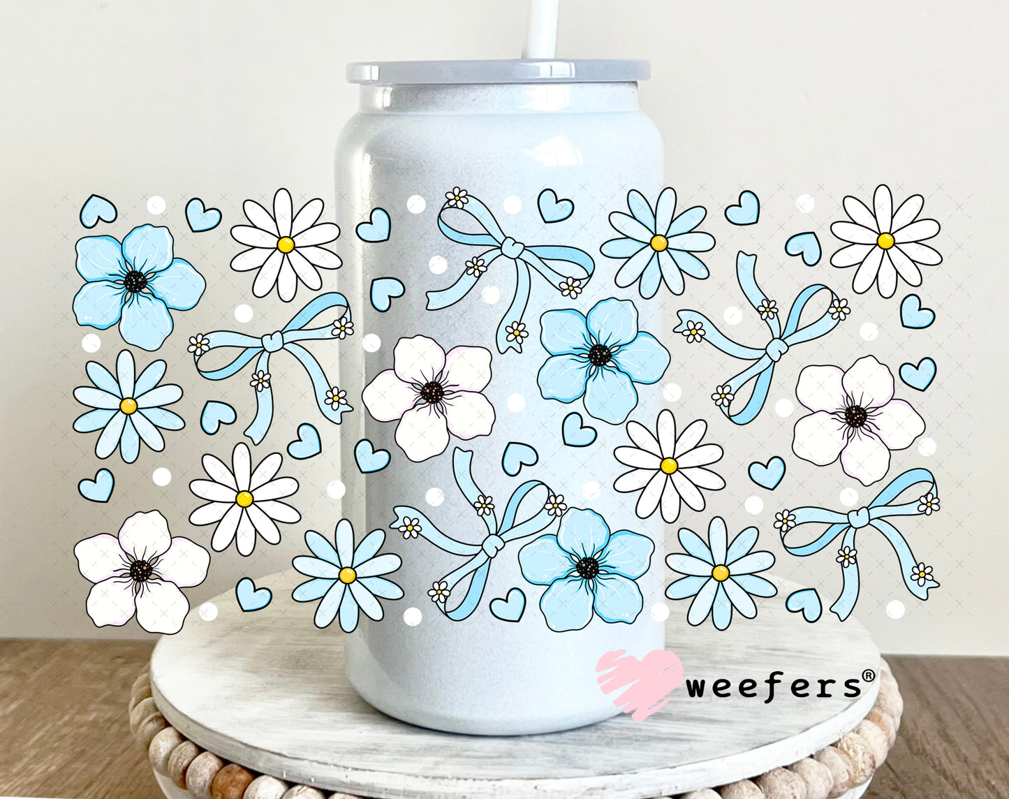 Light Blue and White Flowers UV DTF Cup Wrap 16oz Glass Can Generic Weefers