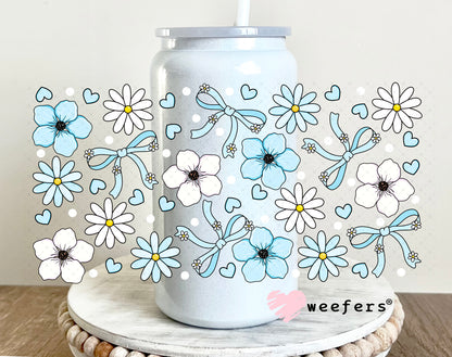 Light Blue and White Flowers UV DTF Cup Wrap 16oz Glass Can Generic Weefers