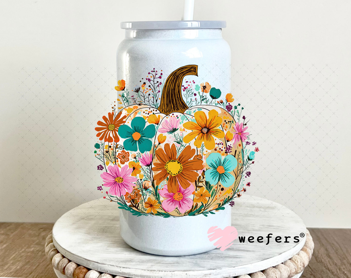 Floral Pumpkin UV DTF Decal 16oz Glass Can Generic Weefers