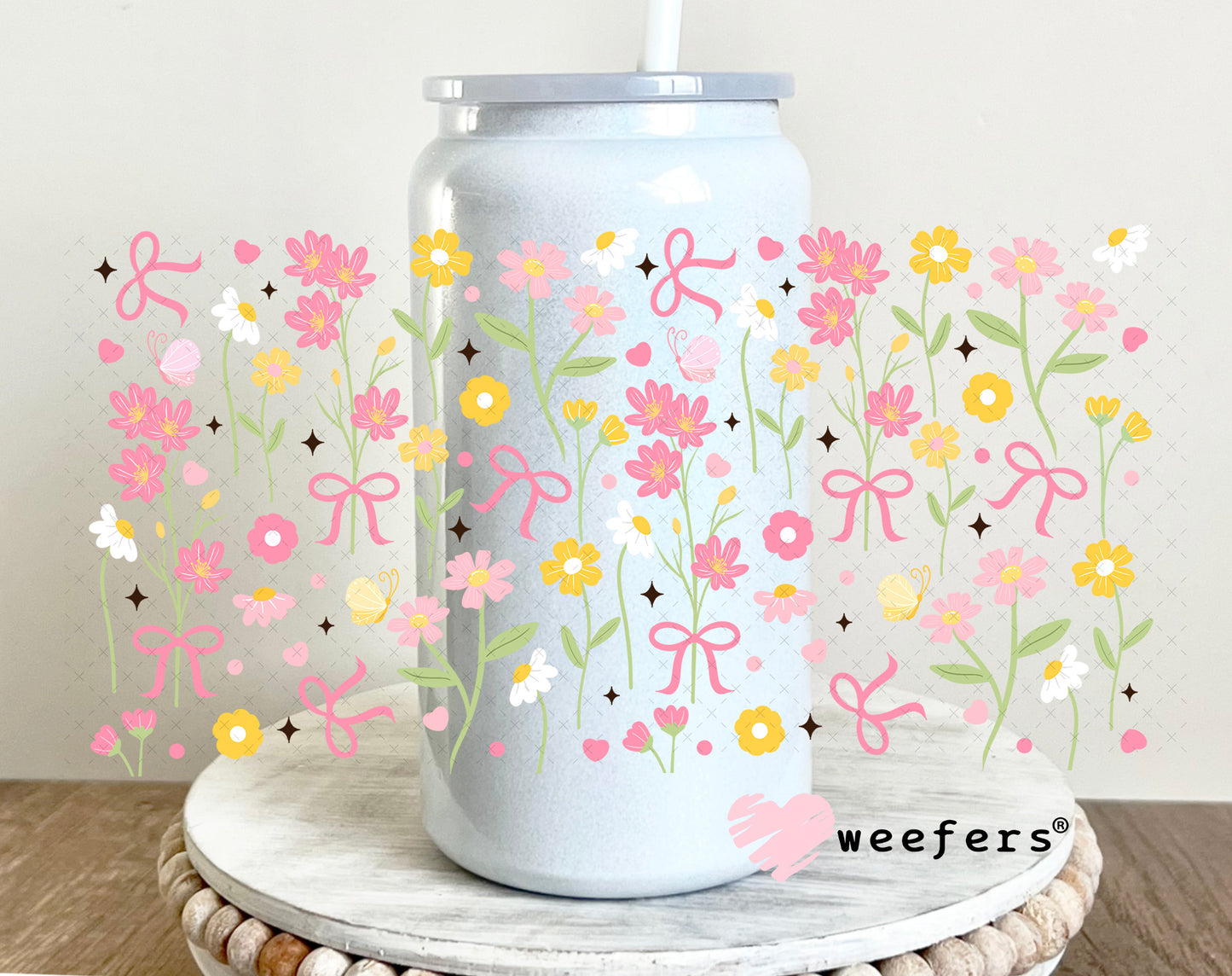 Dainty Flowers and Coquette Bows UV DTF Cup Wrap 16oz Glass Can Generic Weefers