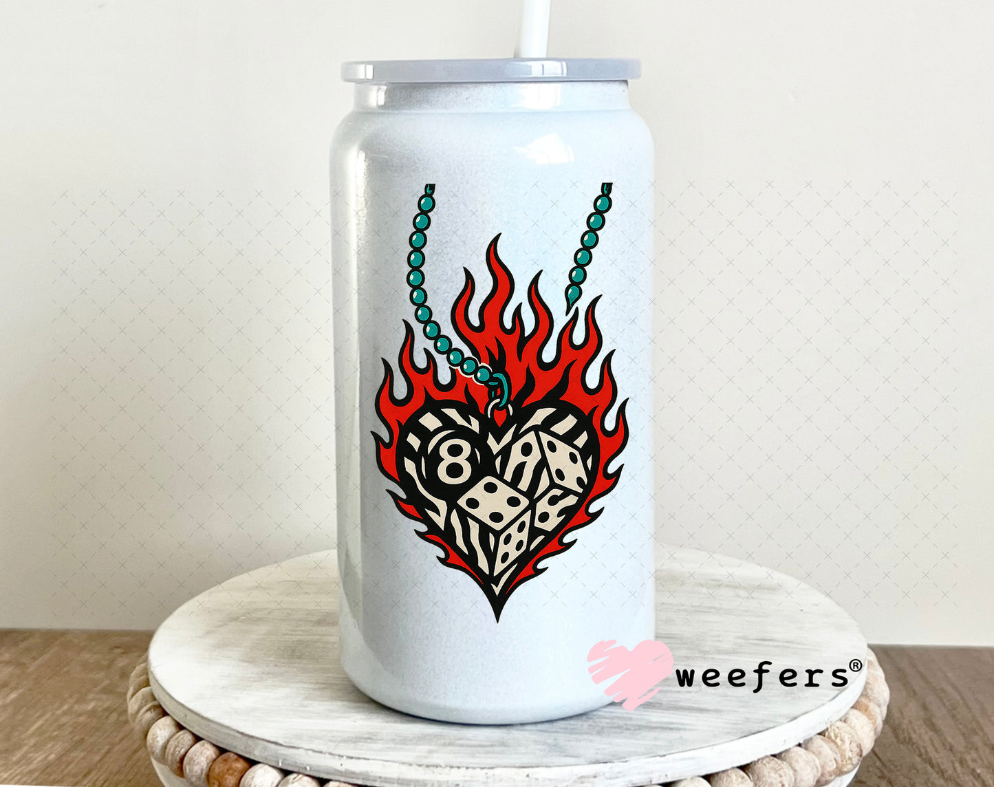 Eightball Dice Flame Heart UV DTF Decal 16oz Glass Can Generic Weefers