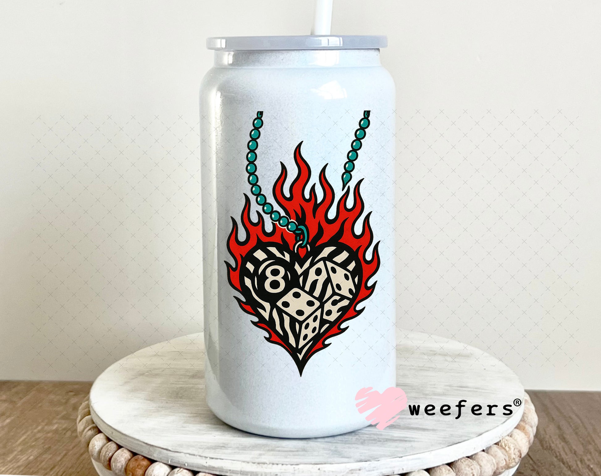 Eightball Dice Flame Heart UV DTF Decal 16oz Glass Can Generic Weefers