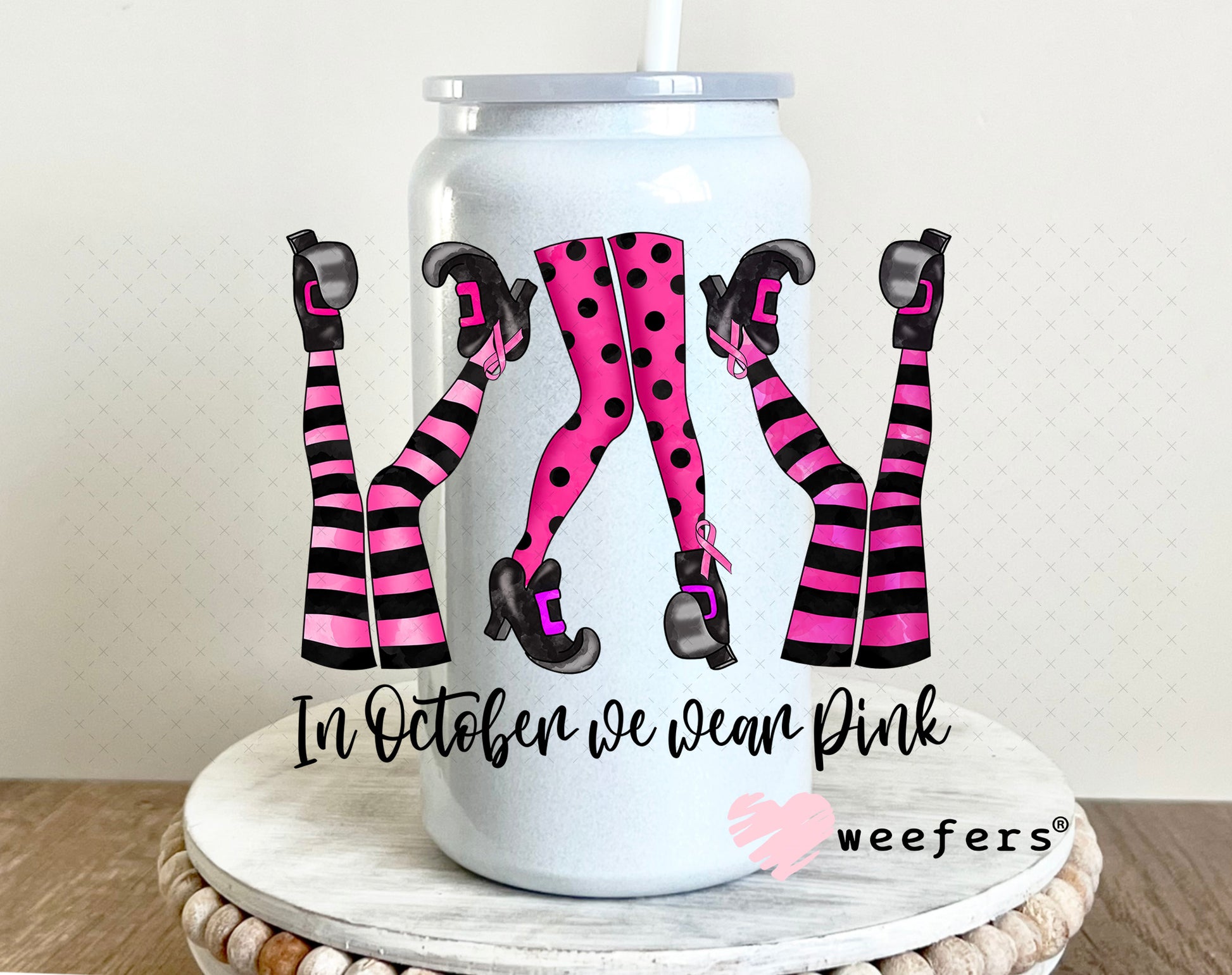 In October We Wear Pink UV DTF Decal 16oz Glass Can Generic Weefers