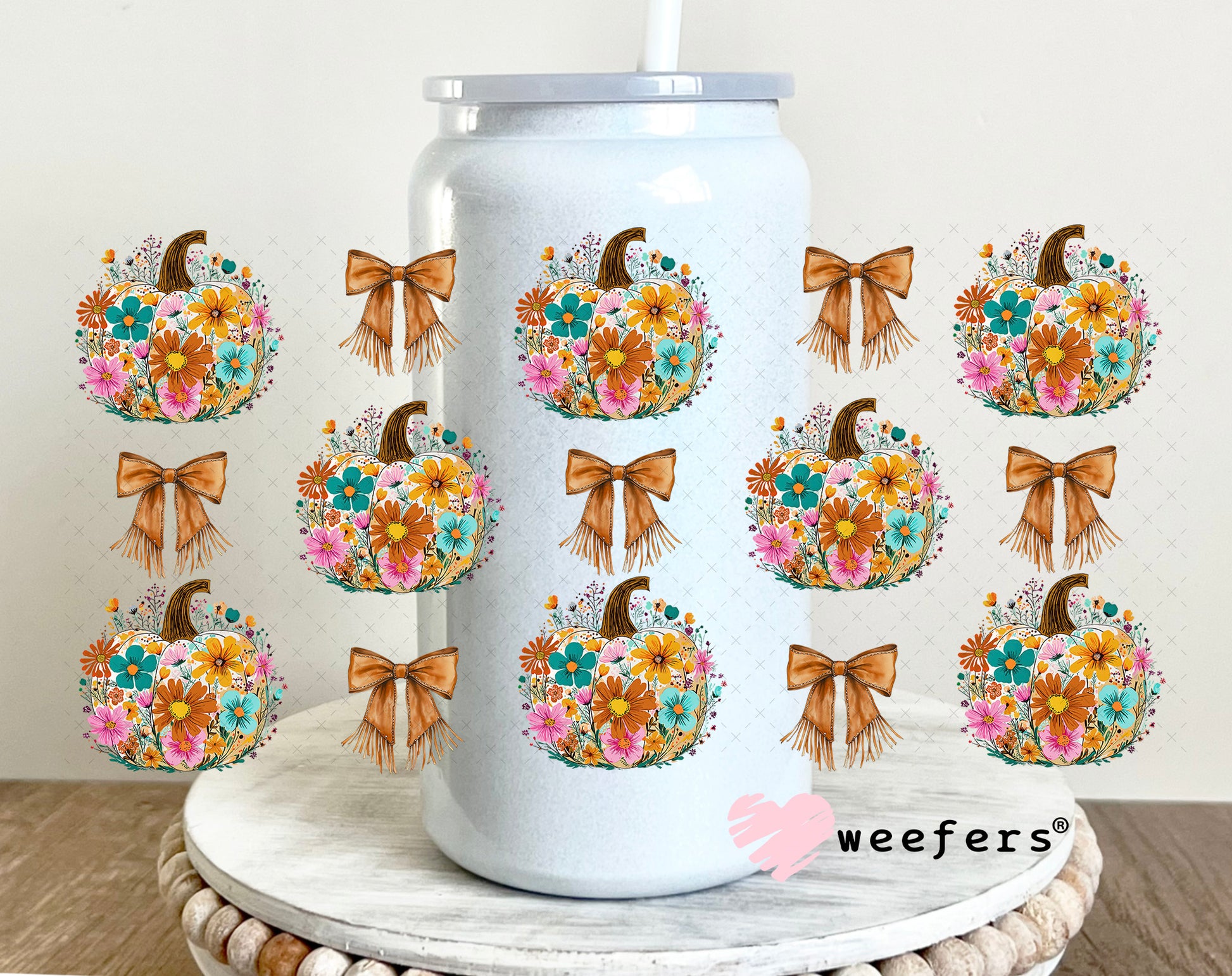 Floral Pumpkin UV DTF Cup Wrap - Weefers Exclusive 16oz Glass Can Generic Weefers