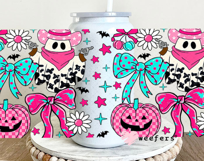 Cow Print Ghosts and Pumpkins UV DTF Cup Wrap - Weefers Exclusive 16oz Glass Can Generic Cup Wrap Weefers