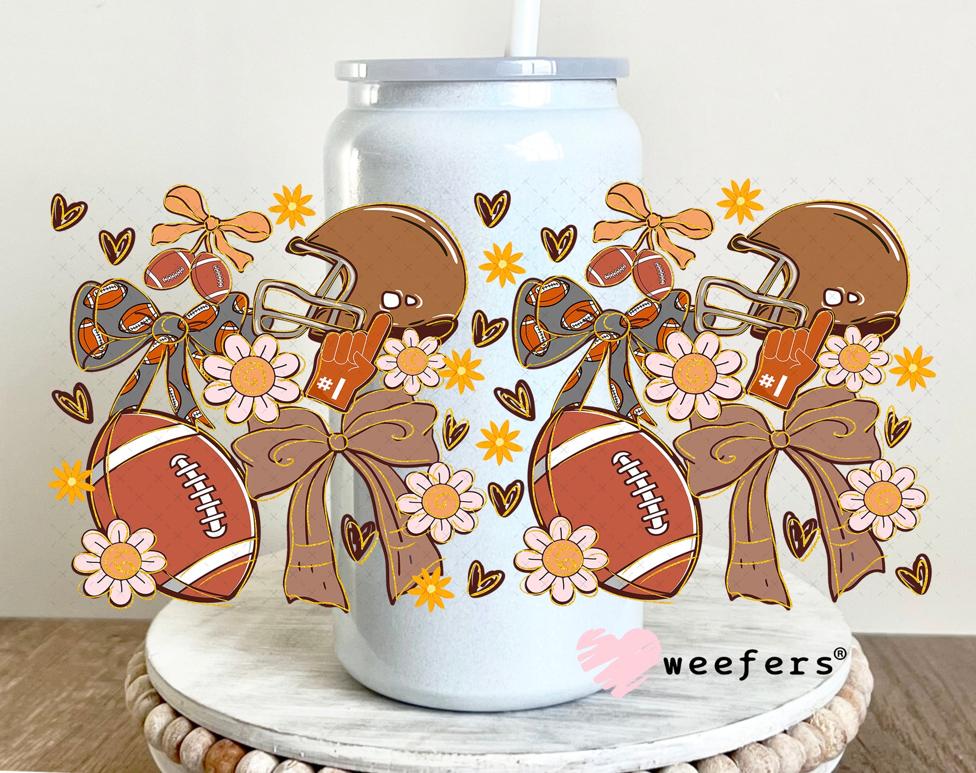Football Coquette Bows and Flowers UV DTF Cup Wrap - Weefers Exclusive 16oz Glass Can Generic Weefers