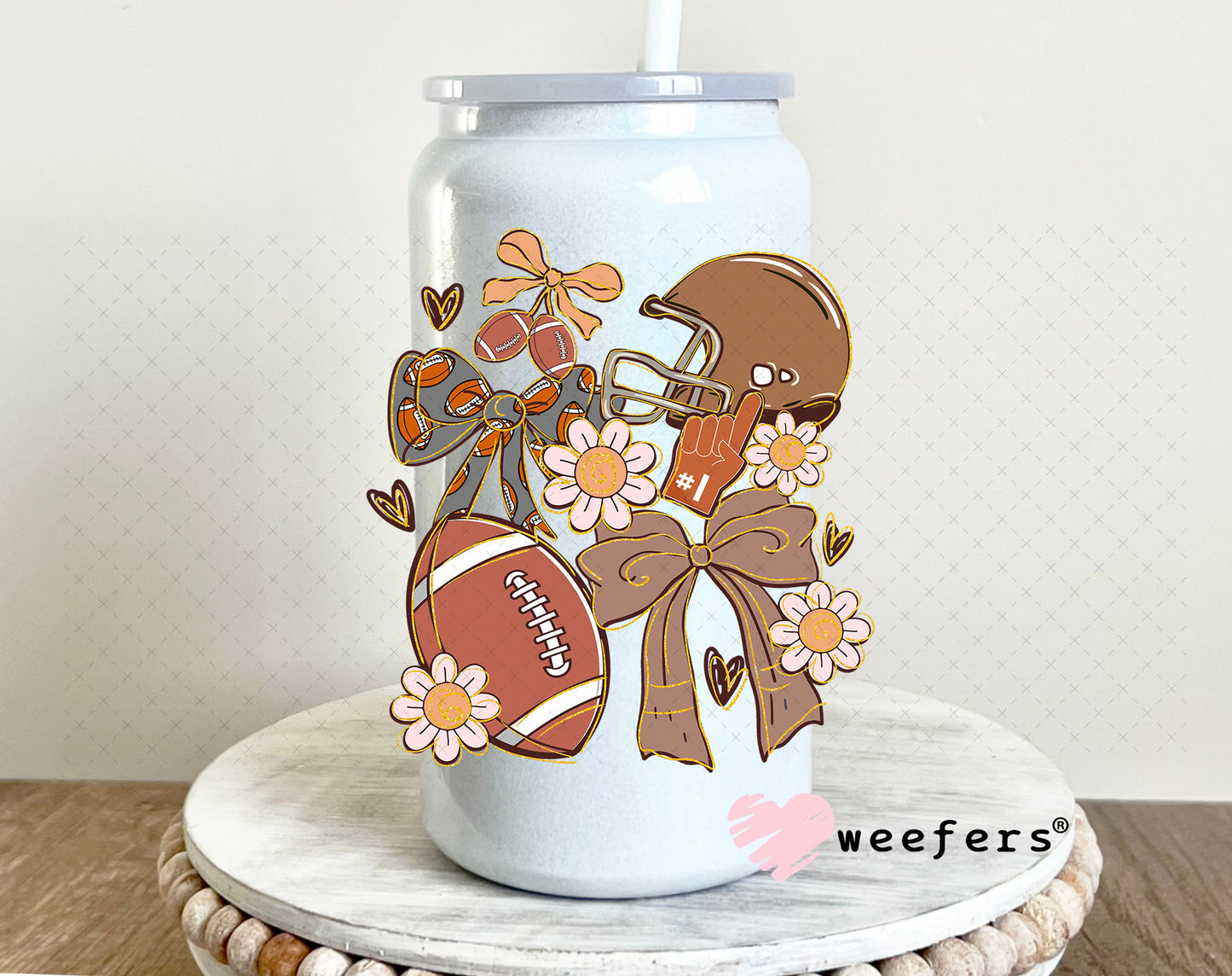 Football Coquette Bows and Flowers UV DTF Decal 16oz Glass Can Generic Weefers