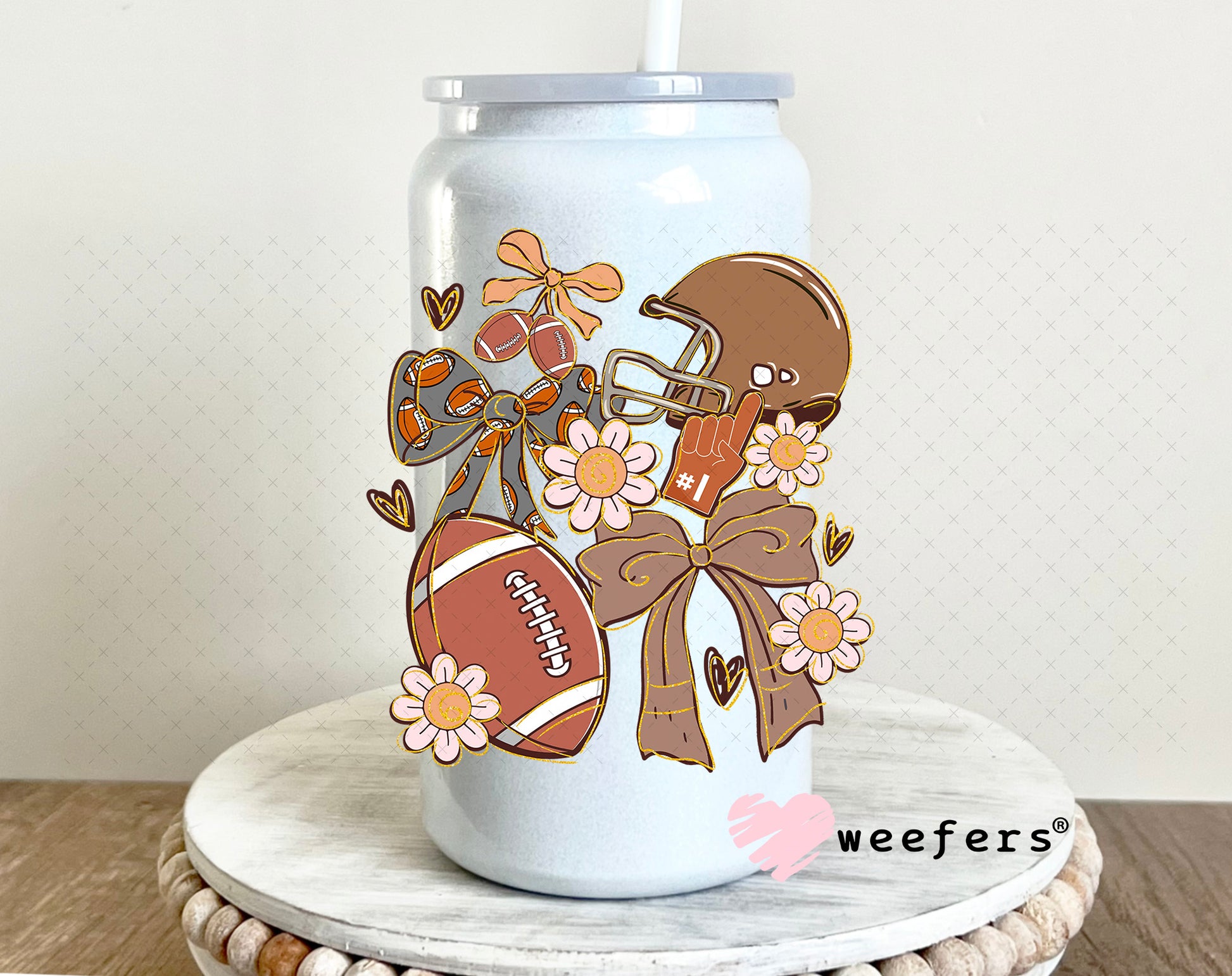 Football Coquette Bows and Flowers UV DTF Decal 16oz Glass Can Generic Weefers