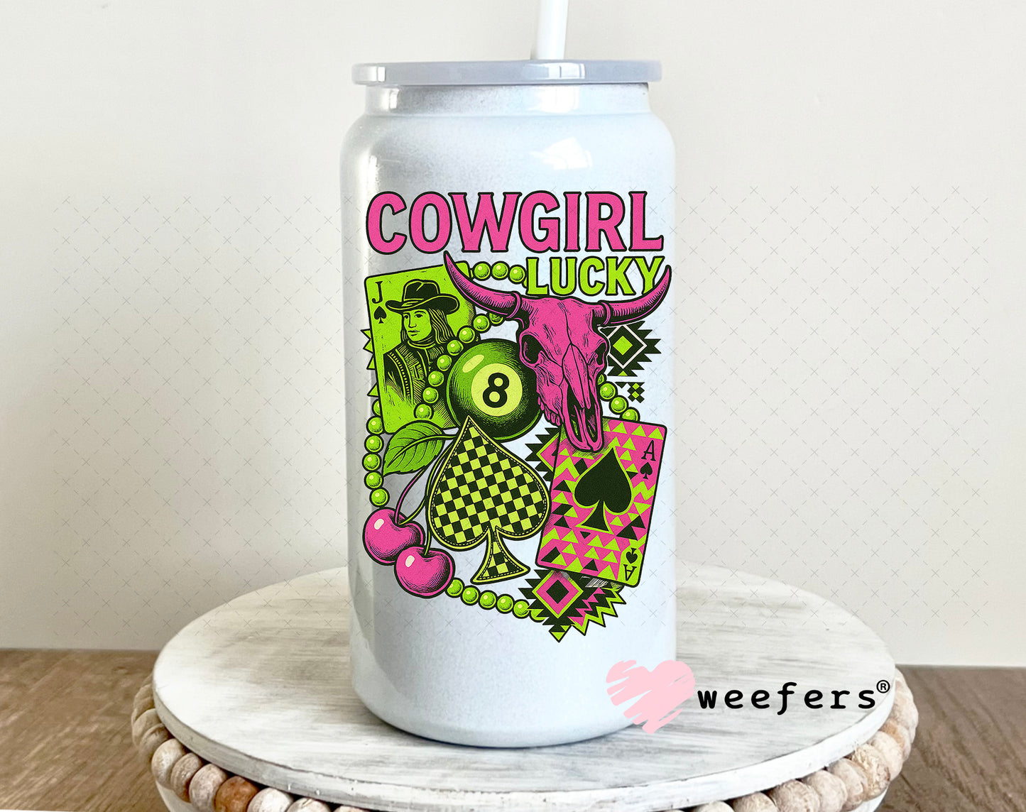 Cowgirl Lucky UV DTF Decal 16oz Glass Can Generic Weefers