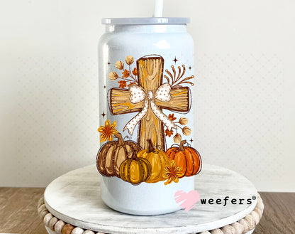 Fall Christian Cross UV DTF Decal 16oz Glass Can Generic Weefers