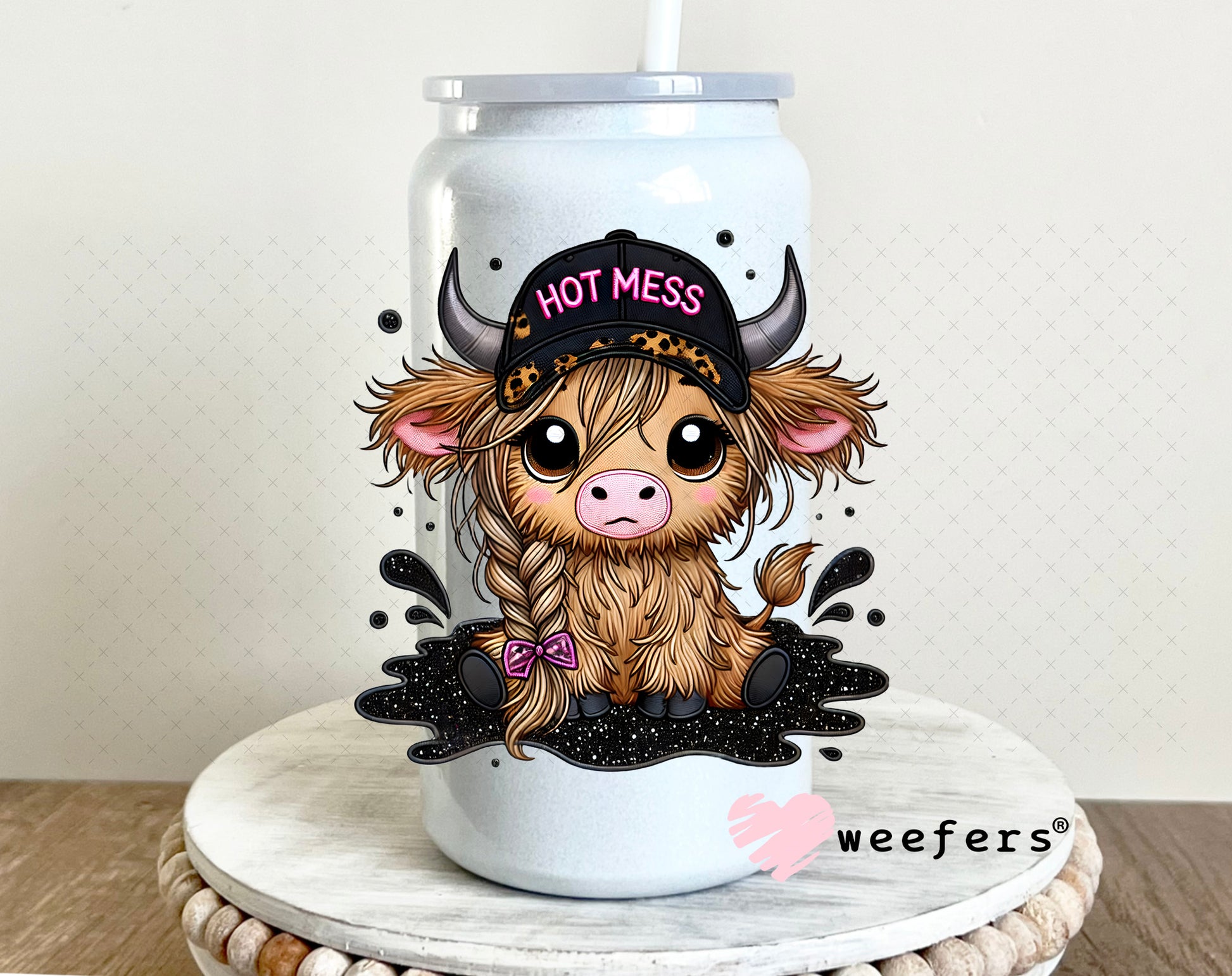 Hot Mess Cutie Highlander UV DTF Decal 16oz Glass Can Generic Weefers