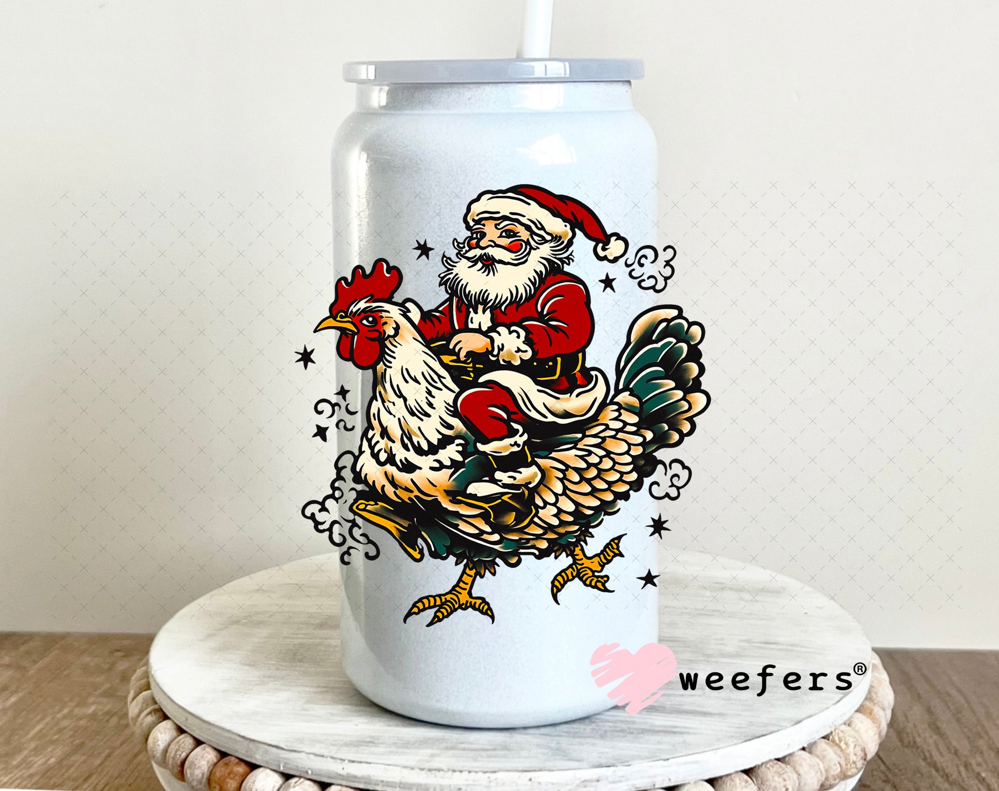 Santa Riding a Rooster UV DTF Decal 16oz Glass Can Generic Weefers