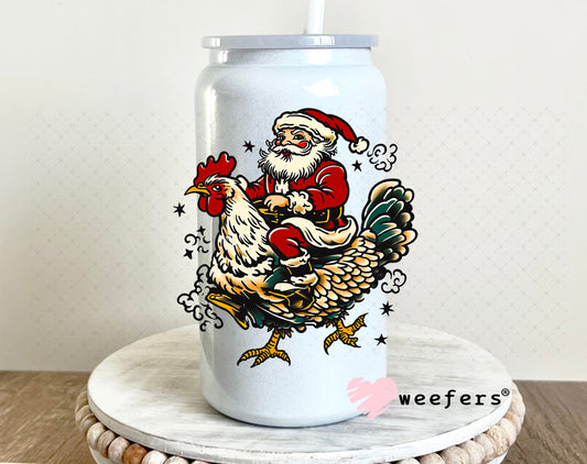 Santa Riding a Rooster UV DTF Decal 16oz Glass Can Generic Weefers