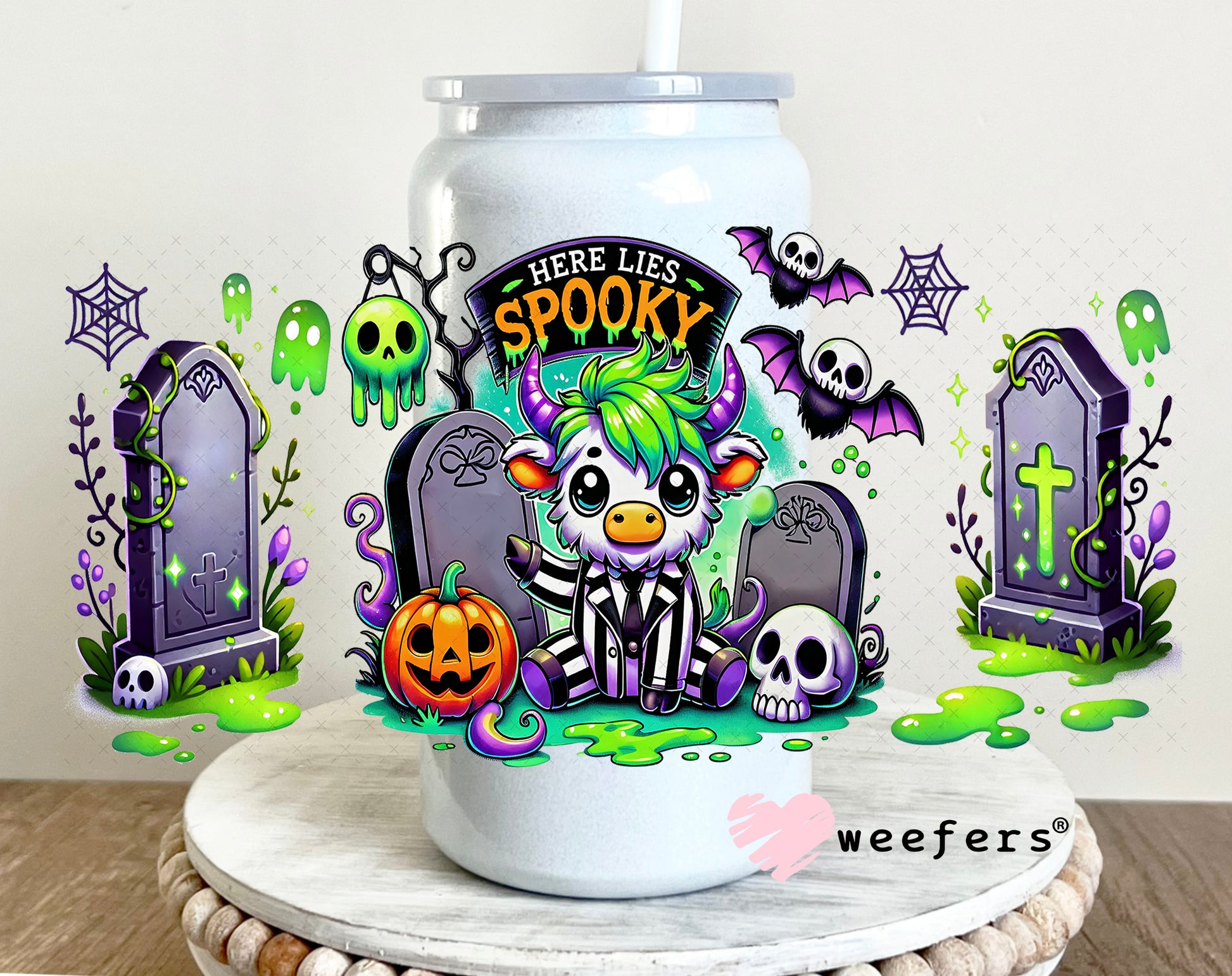 Here Lies Spooky UV DTF Cup Wrap 16oz Glass Can Generic Weefers