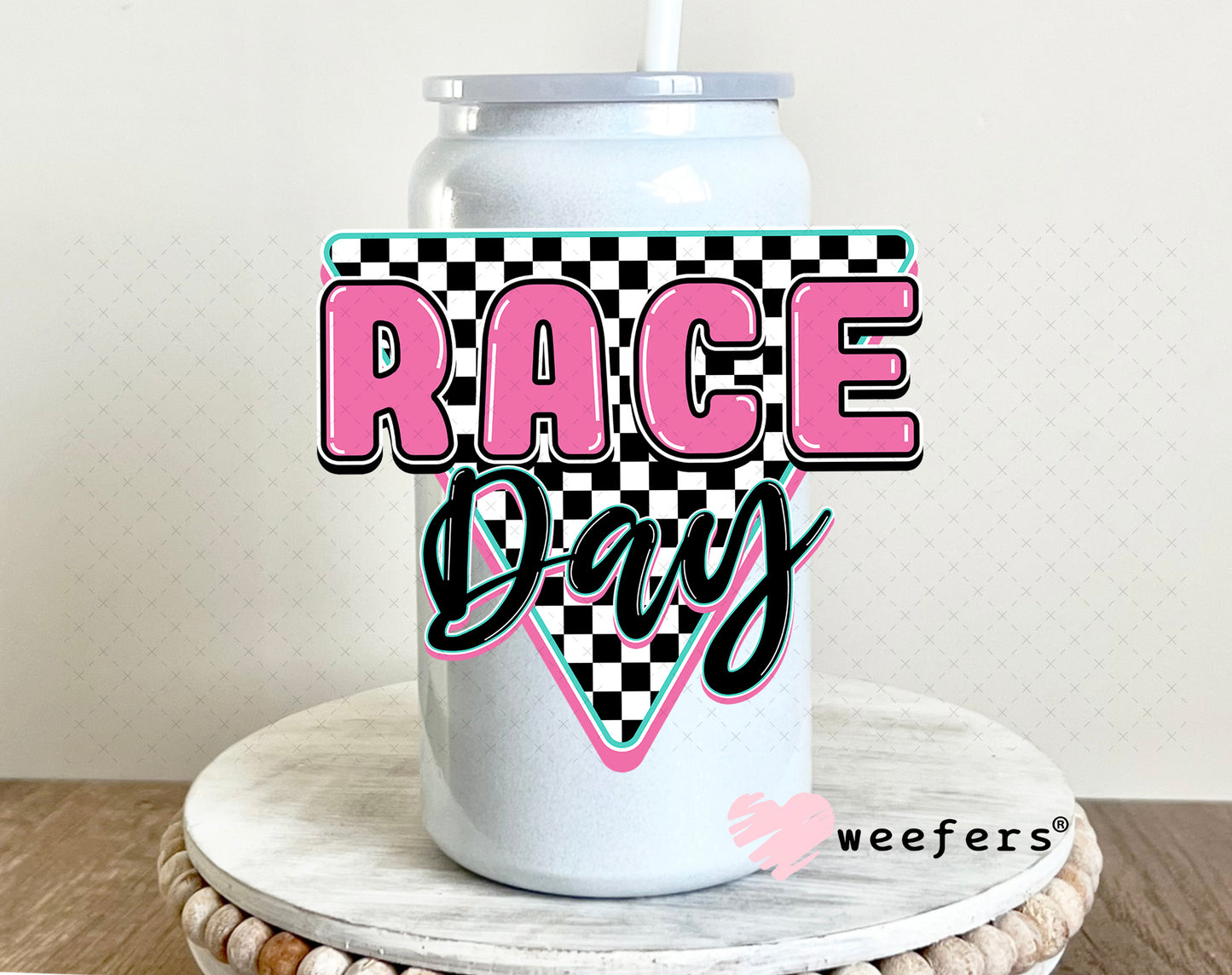 Race Day Pink Black UV DTF Decal 16oz Glass Can Generic Weefers