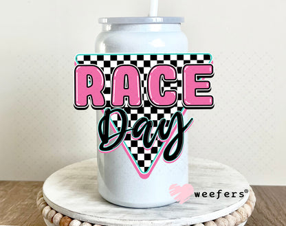 Race Day Pink Black UV DTF Decal 16oz Glass Can Generic Weefers