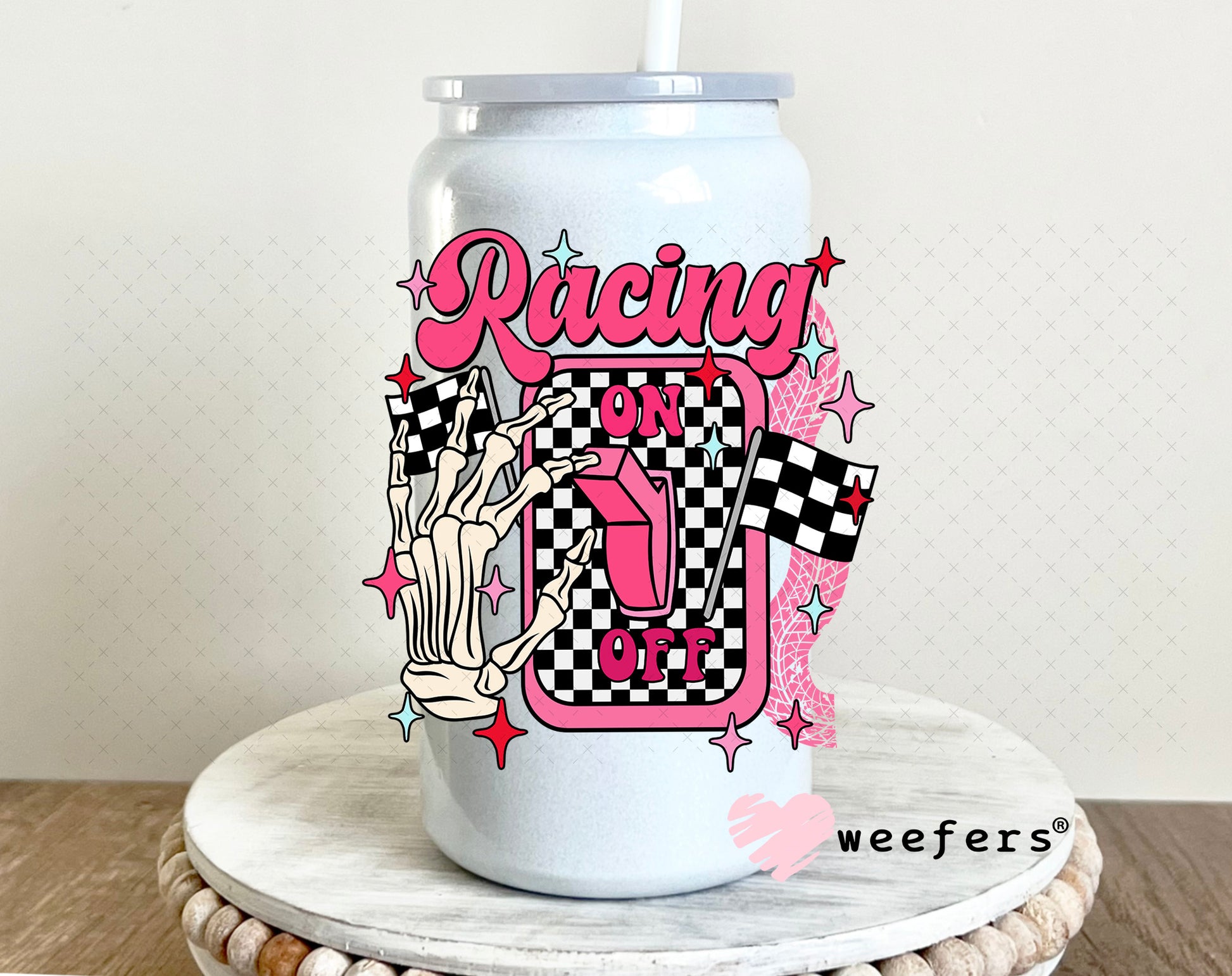 Racing On UV DTF Decal 16oz Glass Can Generic Weefers