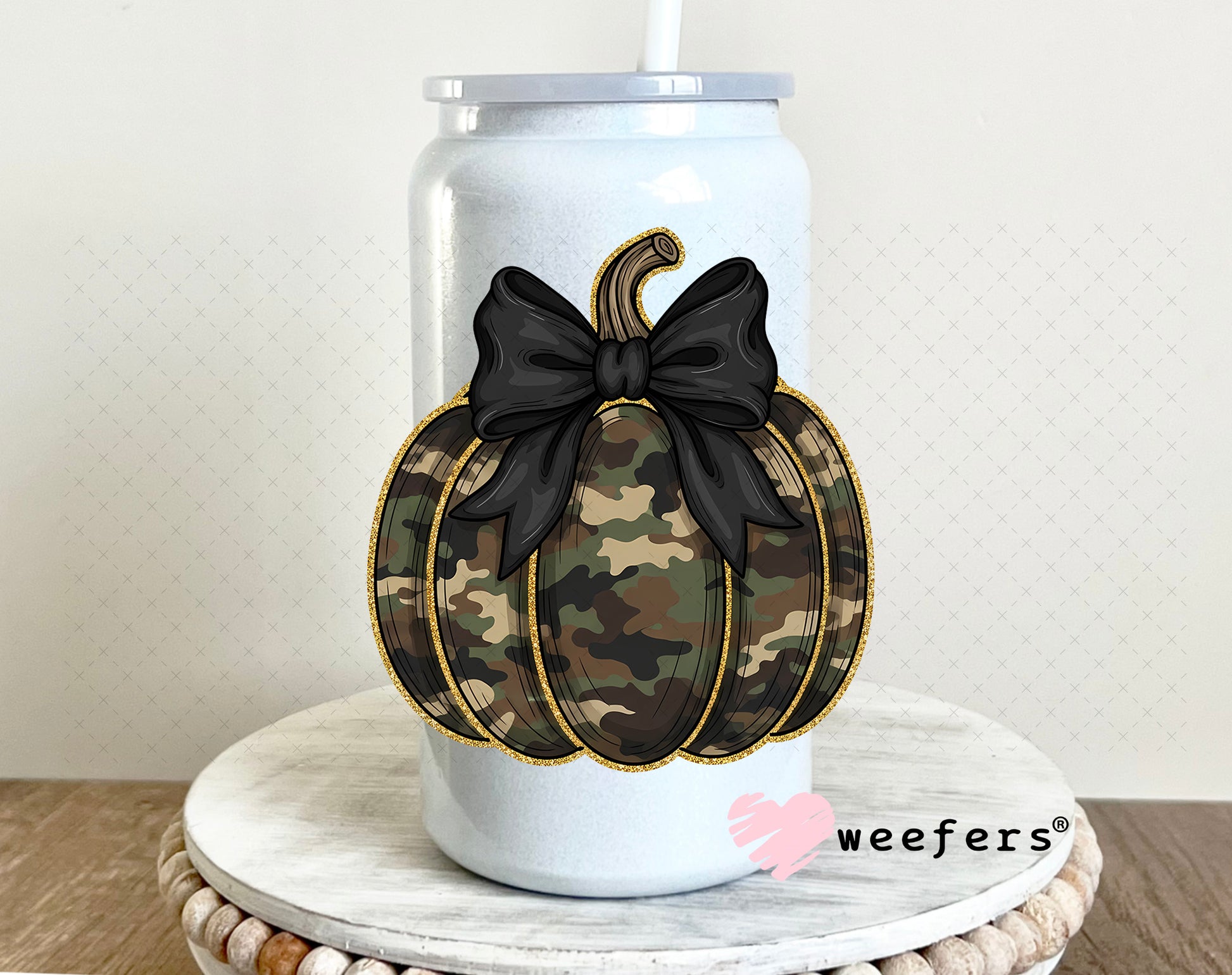 Camouflage Pumpkin Bow UV DTF Decal 16oz Glass Can Generic Weefers