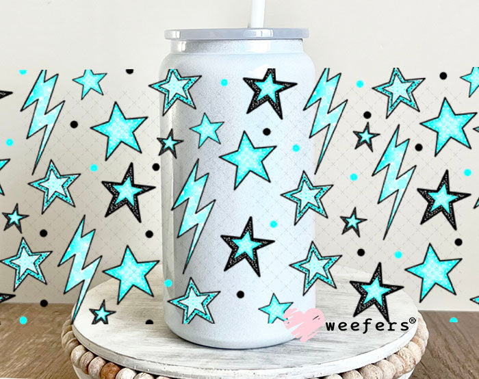 Blue Stars and Lightening Bolts UV DTF Cup Wrap - Weefers® Exclusive 16oz Glass Can Generic Cup Wrap Weefers