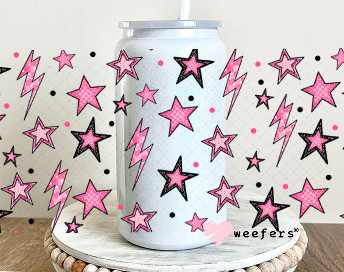 Pink Stars and Lightening Bolts UV DTF Cup Wrap - Weefers® Exclusive 16oz Glass Can Generic Cup Wrap Weefers