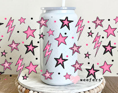 Pink Stars and Lightening Bolts UV DTF Cup Wrap - Weefers® Exclusive 16oz Glass Can Generic Cup Wrap Weefers