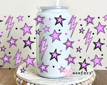 Purple Stars and Lightening Bolts UV DTF Cup Wrap - Weefers® Exclusive 16oz Glass Can Generic Cup Wrap Weefers
