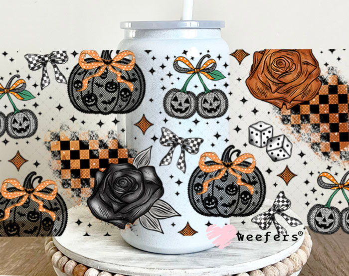Black Lace Pumpkins and Roses UV DTF Cup Wrap - Weefers Exclusive 16oz Glass Can Generic Cup Wrap Weefers