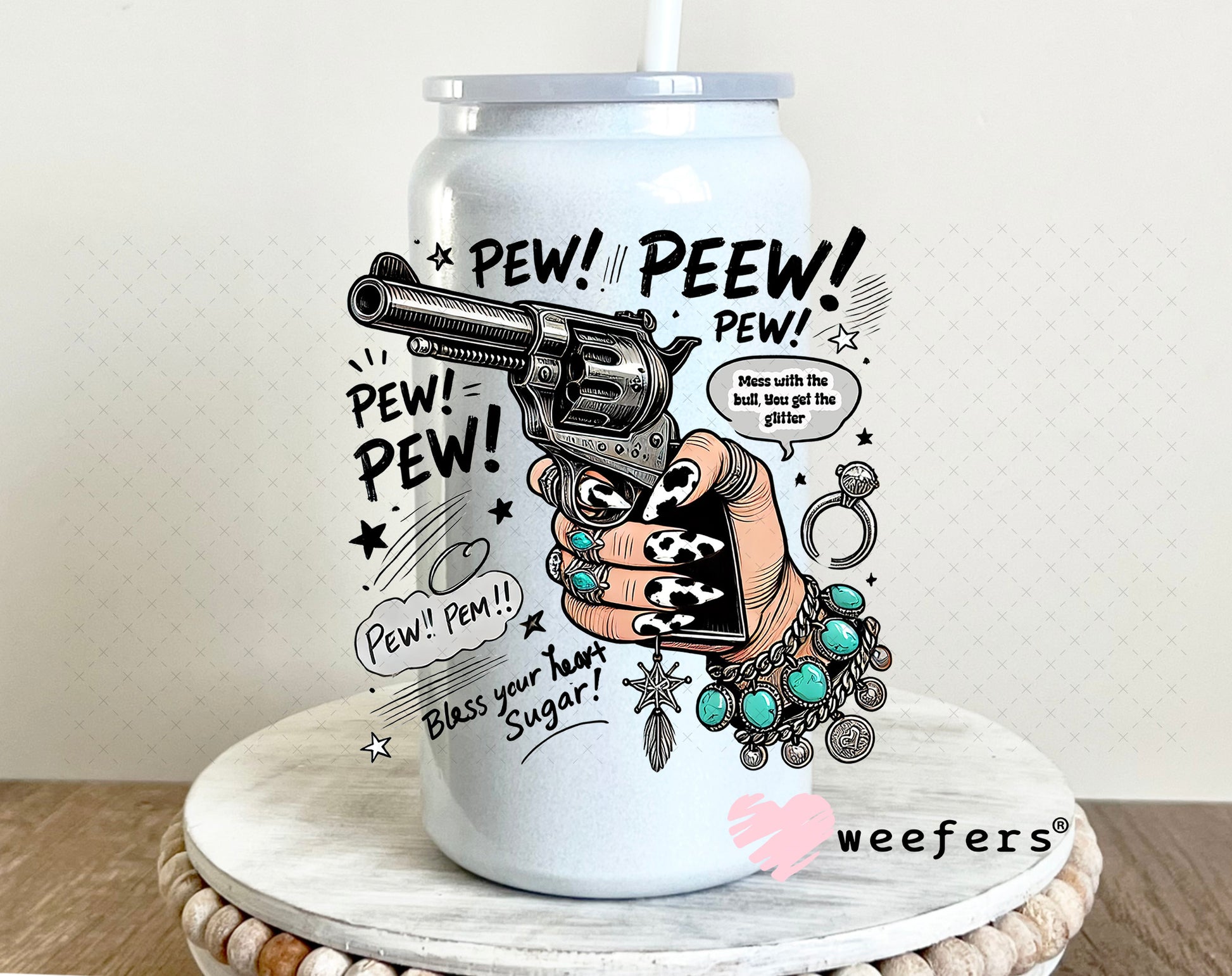 Pew Pew UV DTF Decal 16oz Glass Can Generic Weefers