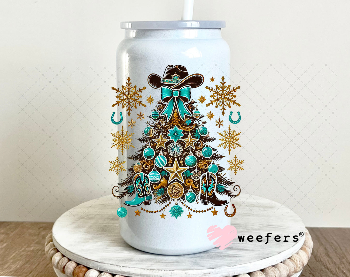 Western Christmas Tree Gold Turquoise UV DTF Decal 16oz Glass Can Generic Weefers