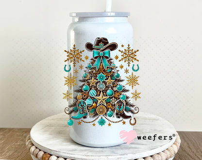 Western Christmas Tree Gold Turquoise UV DTF Decal 16oz Glass Can Generic Weefers