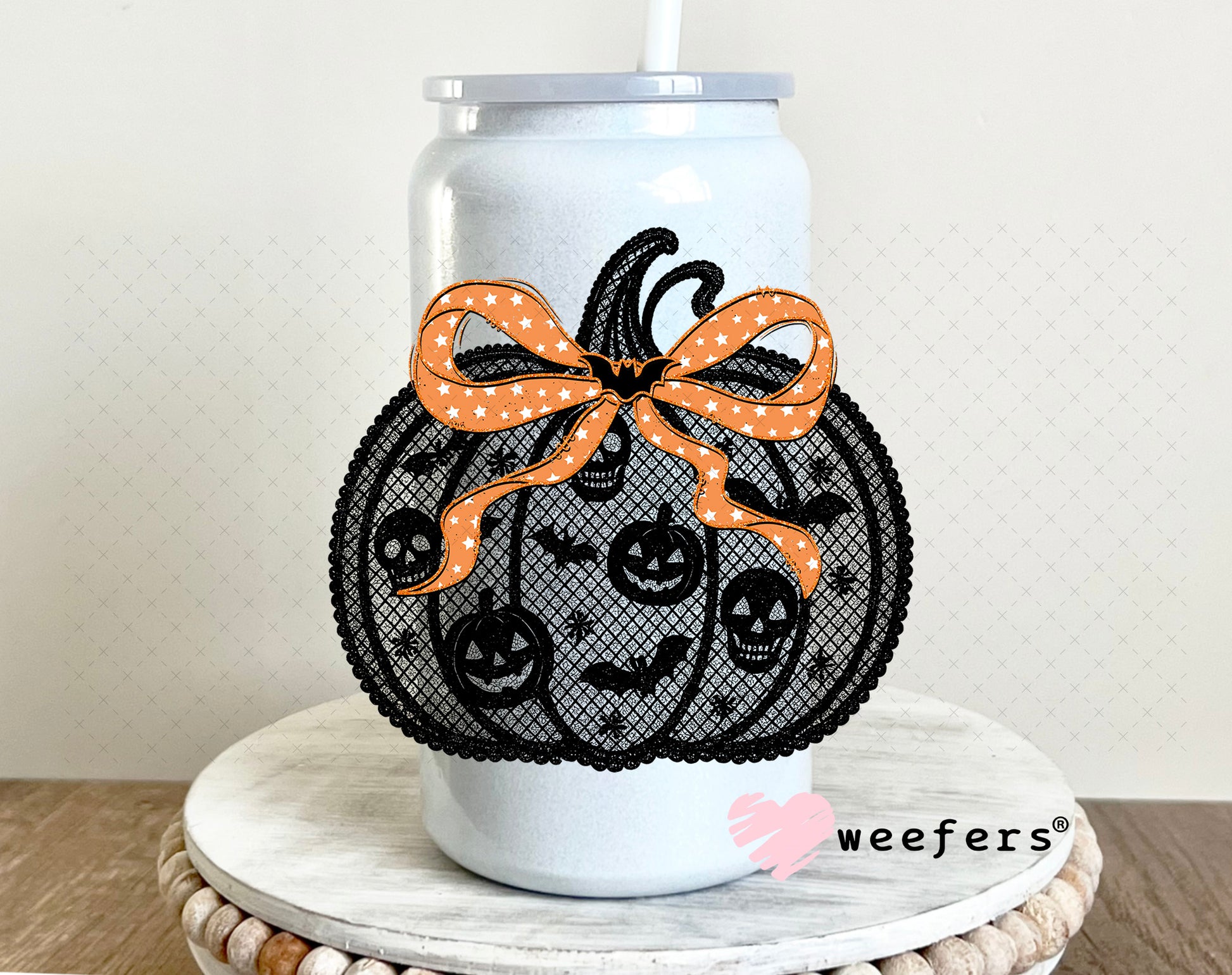 Black Lace Pumpkin Orange Bow UV DTF Decal 16oz Glass Can Generic Weefers