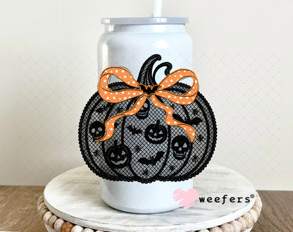 Black Lace Pumpkin Orange Bow UV DTF Decal 16oz Glass Can Generic Weefers