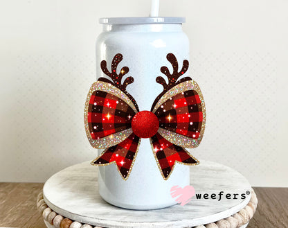 Reindeer Christmas Bow UV DTF Decal 16oz Glass Can Generic Weefers