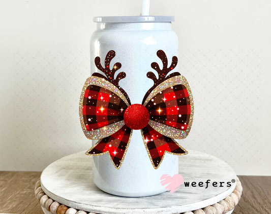 Reindeer Christmas Bow UV DTF Decal 16oz Glass Can Generic Weefers
