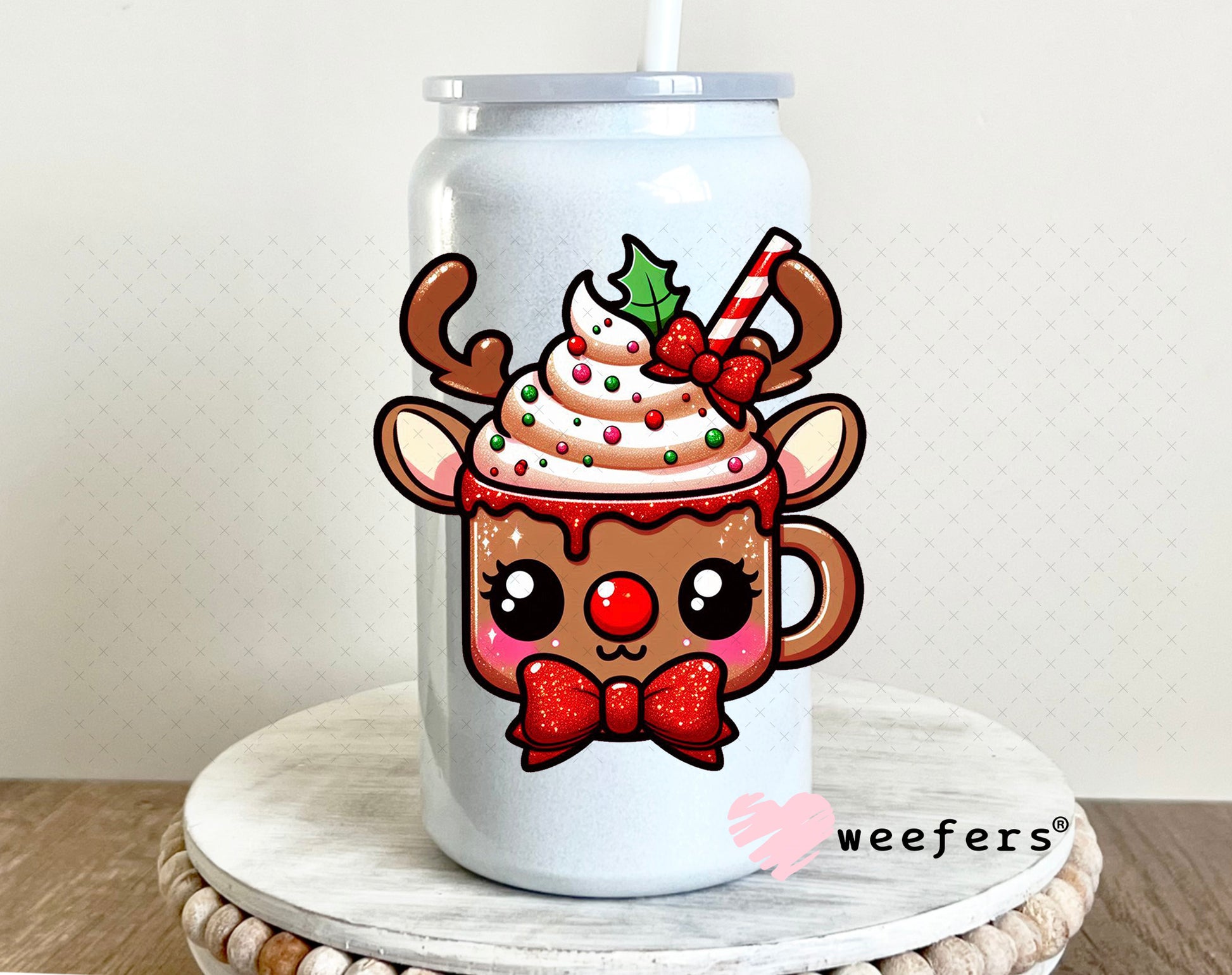 Hot Cocoa Christmas Reindeer UV DTF Decal 16oz Glass Can Generic Weefers