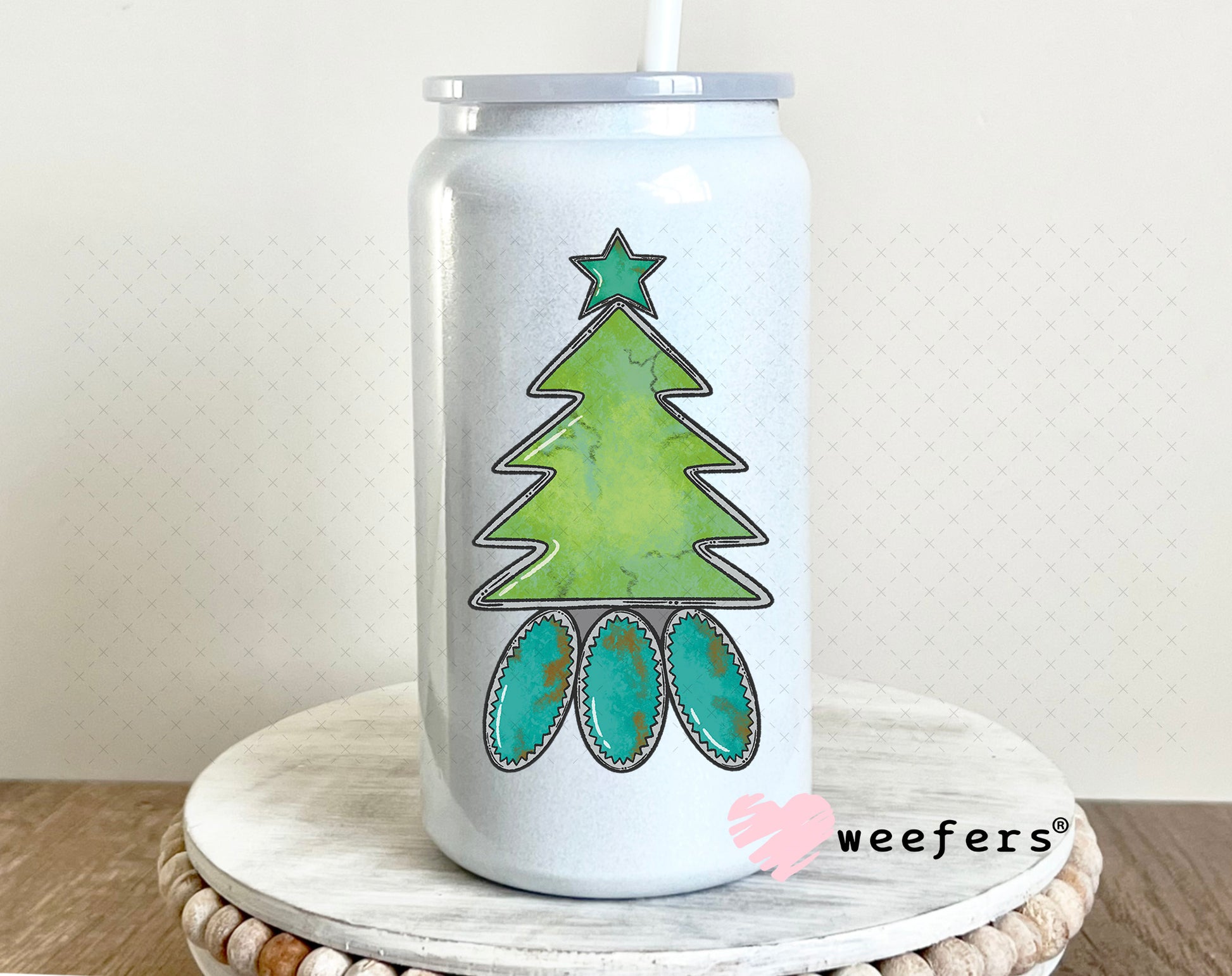 Turquoise Christmas Tree UV DTF Decal 16oz Glass Can Generic Weefers