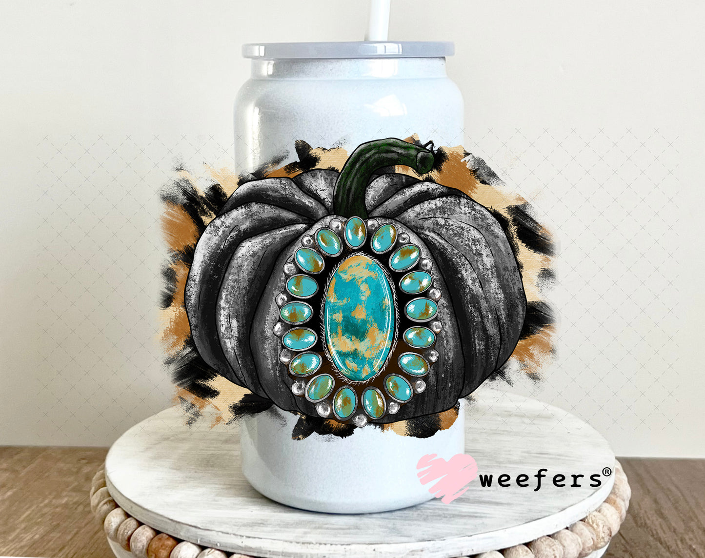 Black Pumpkin Turquoise Jewel UV DTF Decal 16oz Glass Can Generic Weefers