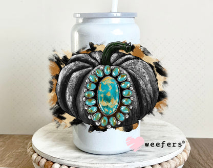Black Pumpkin Turquoise Jewel UV DTF Decal 16oz Glass Can Generic Weefers