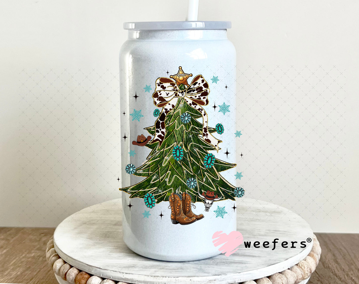 Western Christmas Tree Cowboy Boot Stump UV DTF Decal 16oz Glass Can Generic Weefers