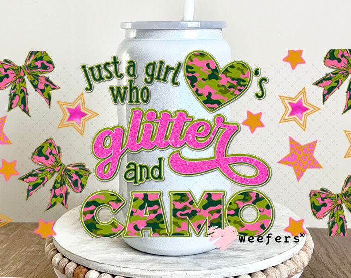 Just a Girl Who Love's Glitter and Camo UV DTF Cup Wrap - Weefers® Exclusive 16oz Glass Can Generic Cup Wrap Weefers
