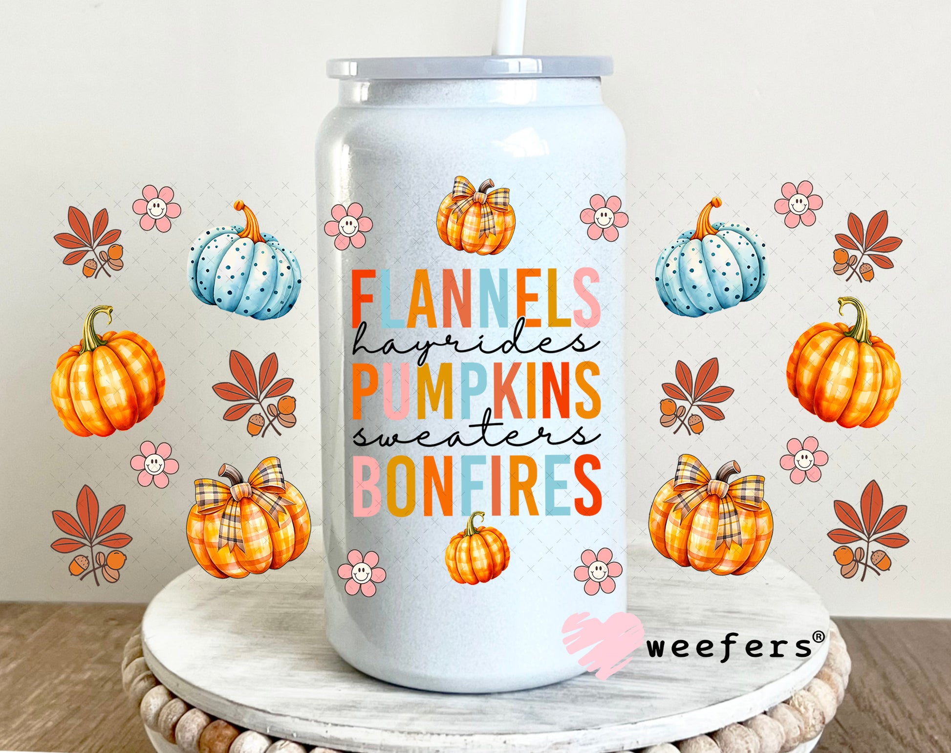 Flannels Pumpkins Bonfires UV DTF Cup Wrap 16oz Glass Can Generic Weefers
