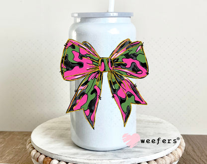 Pink Camo Bow UV DTF Decal 16oz Glass Can Generic Weefers