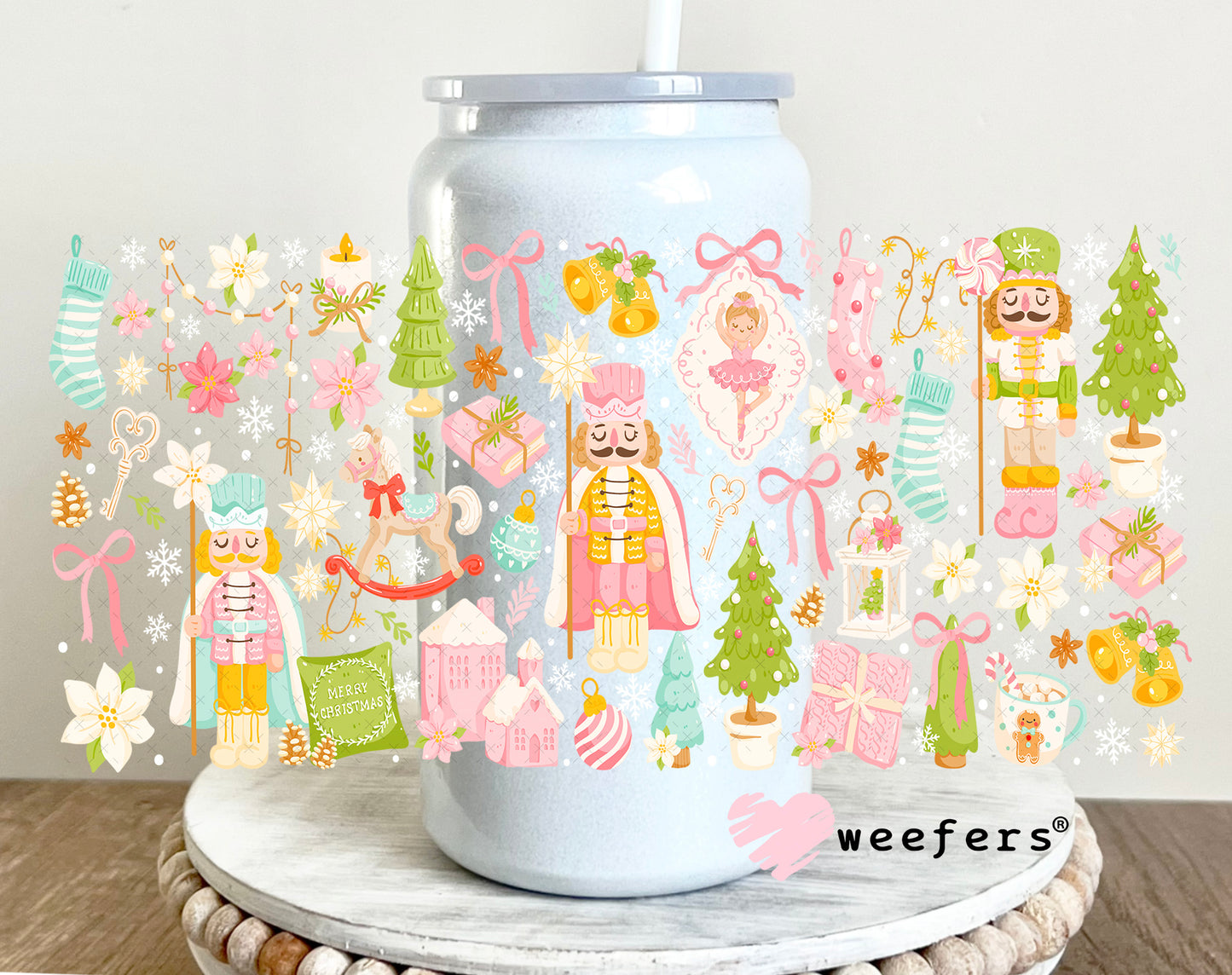 Pastel Christmas Nutcrackers UV DTF Cup Wrap 16oz Glass Can Generic Weefers