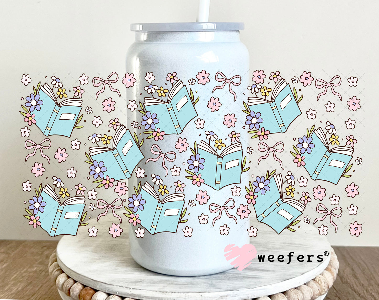 Blue Books and Dainty Flowers UV DTF Cup Wrap 16oz Glass Can Generic Weefers