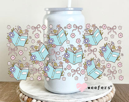 Blue Books and Dainty Flowers UV DTF Cup Wrap 16oz Glass Can Generic Weefers